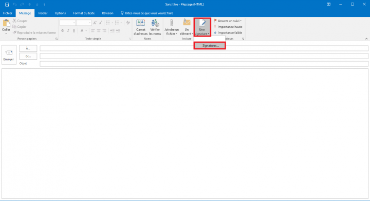 Ajout d'une signature électronique dans Microsoft Outlook 2016