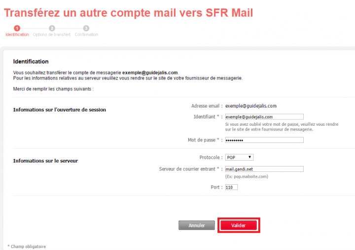 Configuration d'une adresse mail dans SFR Mail