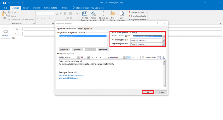 Ajout d'une signature automatique dans Microsoft Outlook 2016